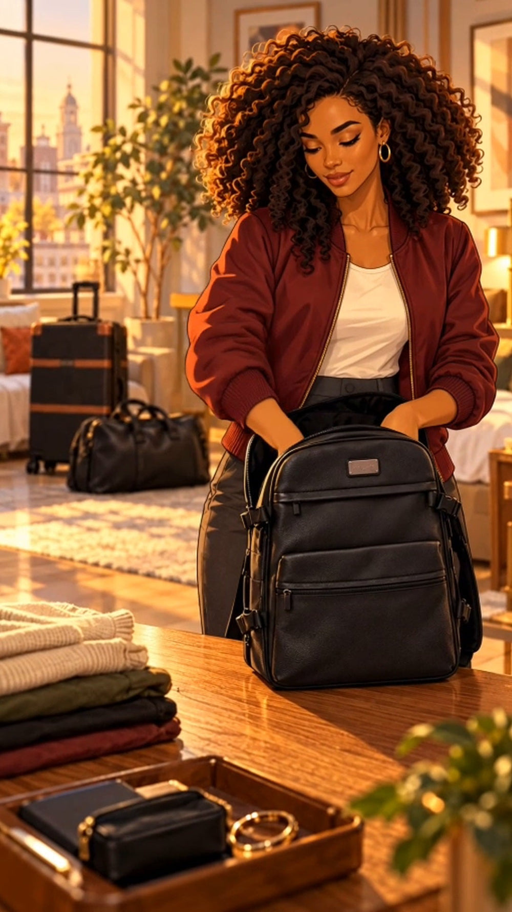 Illustrated woman packing a black travel backpack before a homecoming trip.