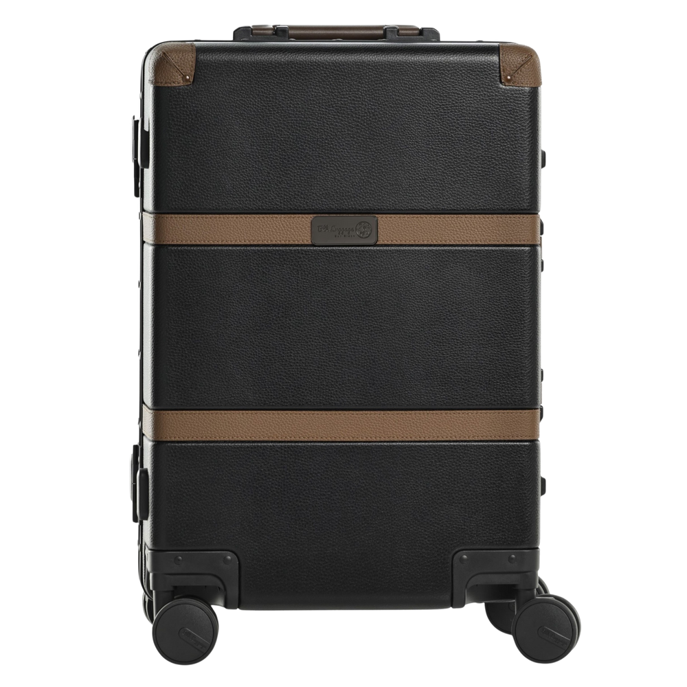 The Retreat black carry-on with brown trim and spinner wheels.