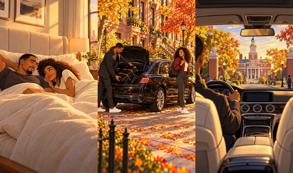 Three illustrated scenes from BLK's Howard homecoming film: waking up, loading luggage and arriving on campus.